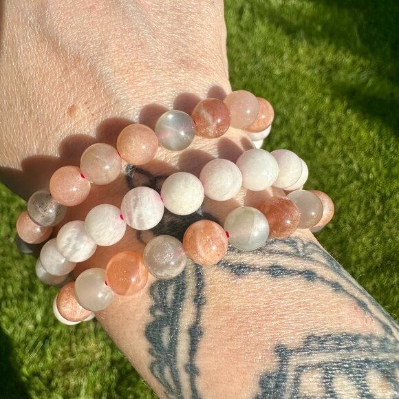 Natural Gemstone Crystals Jewelry - 8mm Natural Triple Moonstone (White, Black, Peach) Beaded Bracelet